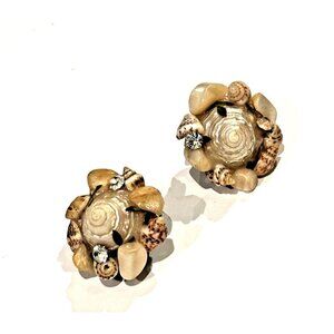 JAPAN VINTAGE 1940S SEASHELL CLUSTER CRYSTAL RHINESTONES CLIP ON EARRINGS